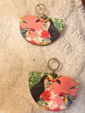 Coral Toucan Half-Moon wooden Drop Earrings
